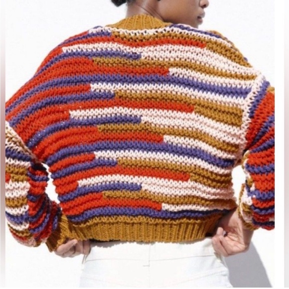 Zara Chunky Knit Colorful Striped Sweater Cardigan Button Front Size Large - Picture 2 of 10